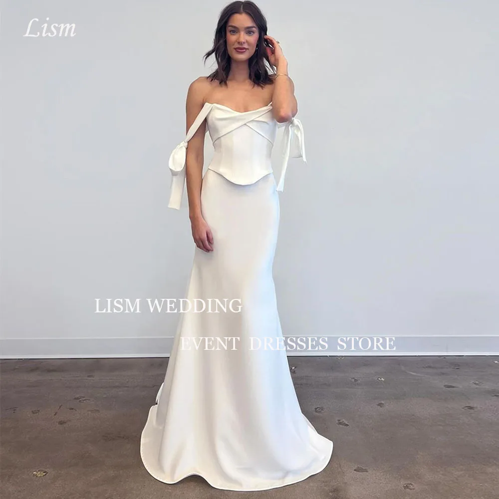 Abiti da sposa a sirena LISM abito da sposa lungo fino al pavimento con spalle scoperte abito da festa semplice ed elegante in raso morbido su misura