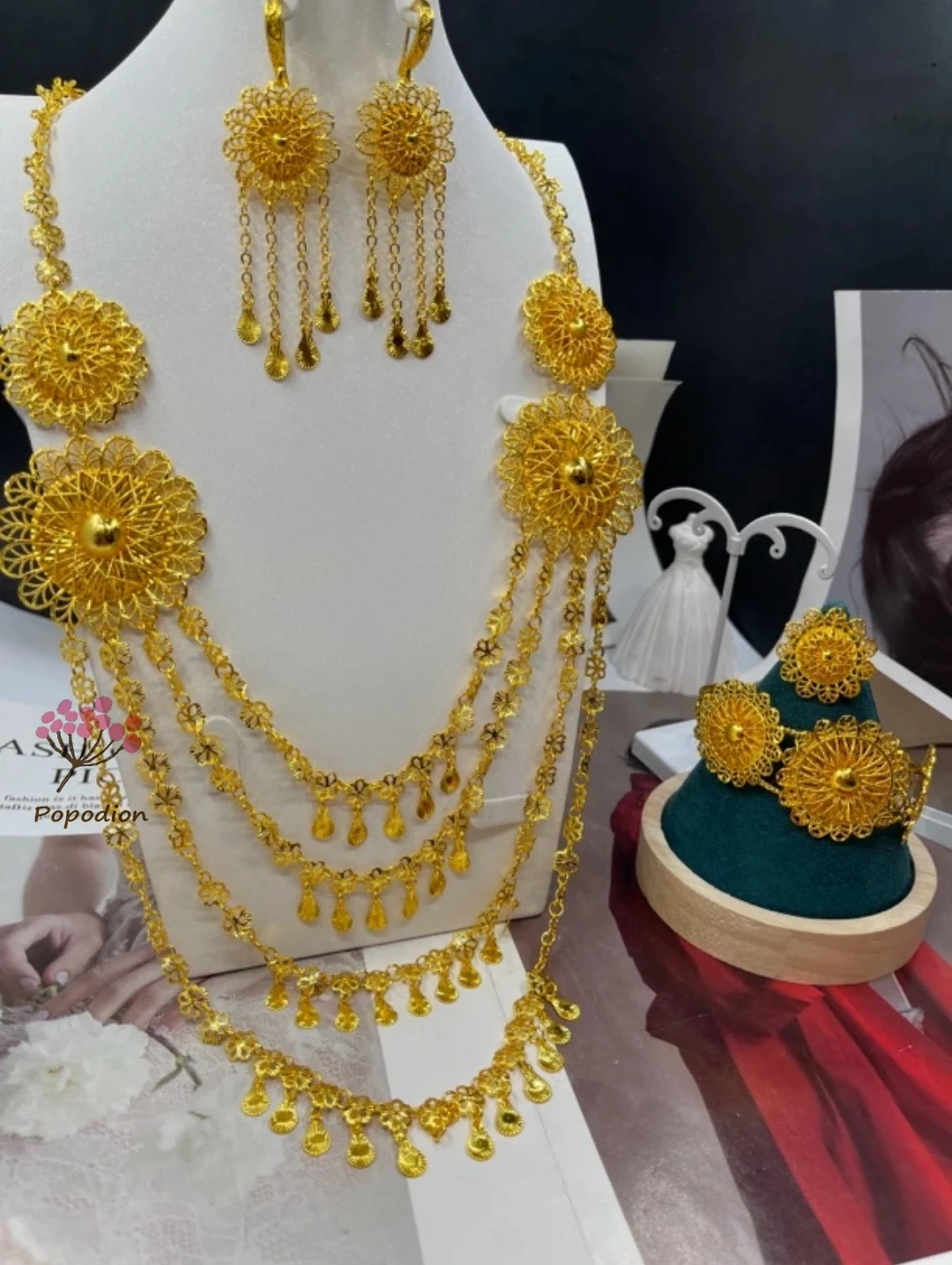 New Dubai 24K Gold Plated Necklace Earrings Rings Bracelets for Women's Wedding Party Jewelry Set DD10518