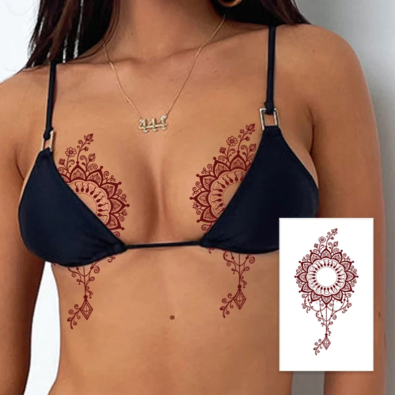 

Red Mandala Lotus Pendant Emotion Tattoo Sticker, Symmetrical Chest Temporary Tattoo for Women, Pure Red Nipple Body Art