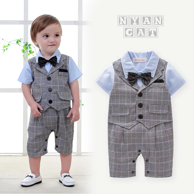 Baby Boys Summer British Style Plaid Jumpsuit Grey Short Sleeve Striped Bowtie Infant Romper Bodysuit Creeper 2 Piece Outfit