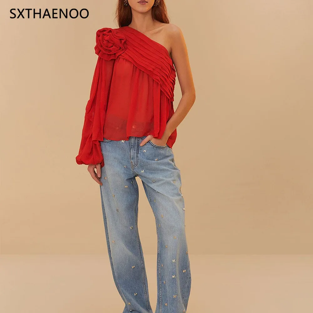

SXTHAENOO European and American Style 2025 New 3D Flower Splicing Single Shoulder Sleeve Solid Color Patchwork Shirt For Women
