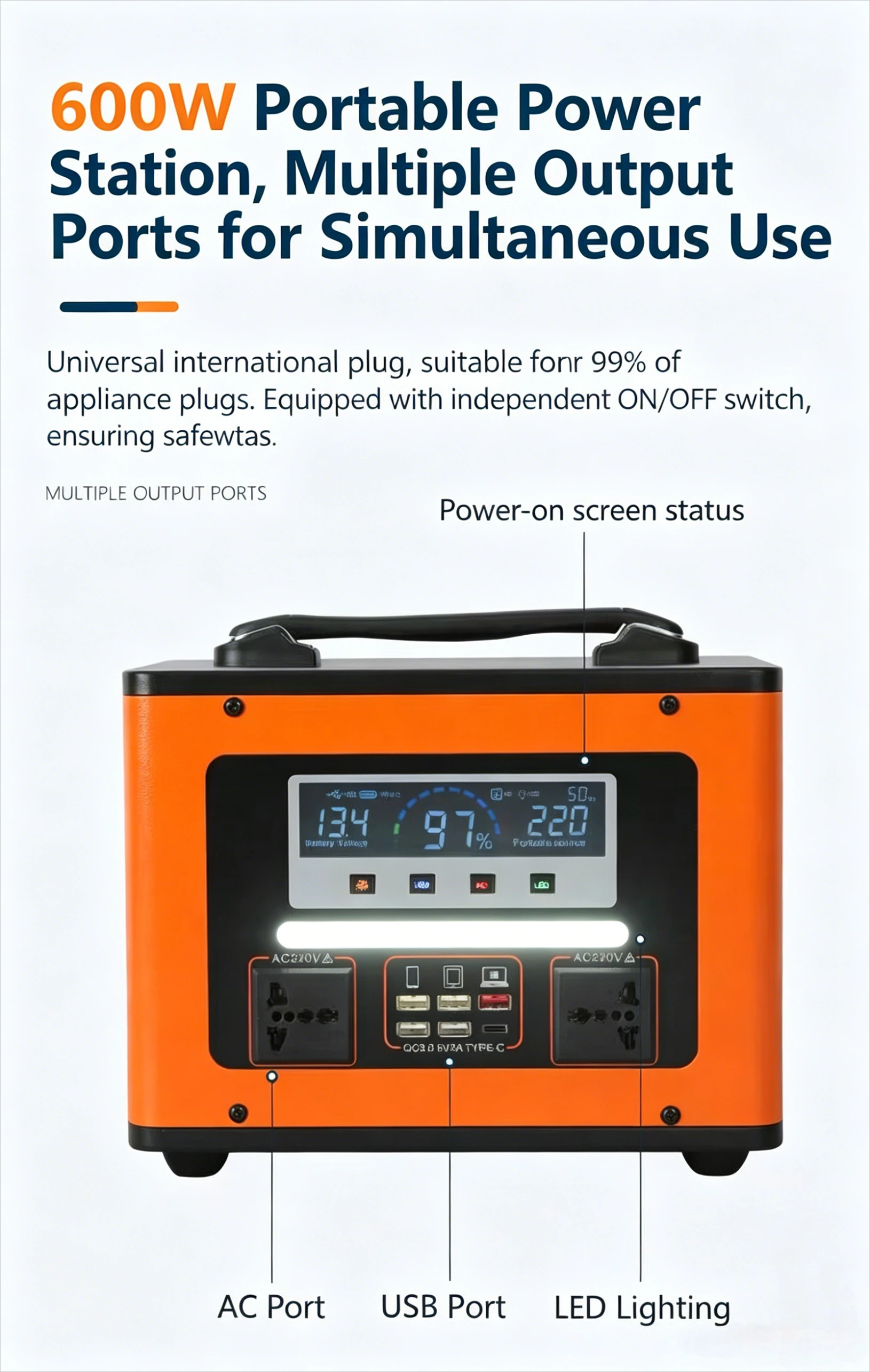 Portable Charging Station 220V, 600W 40Ah Solar Generator Fast Charging AC Outlet/DC Port and LED Flashlight, Lithium Battery