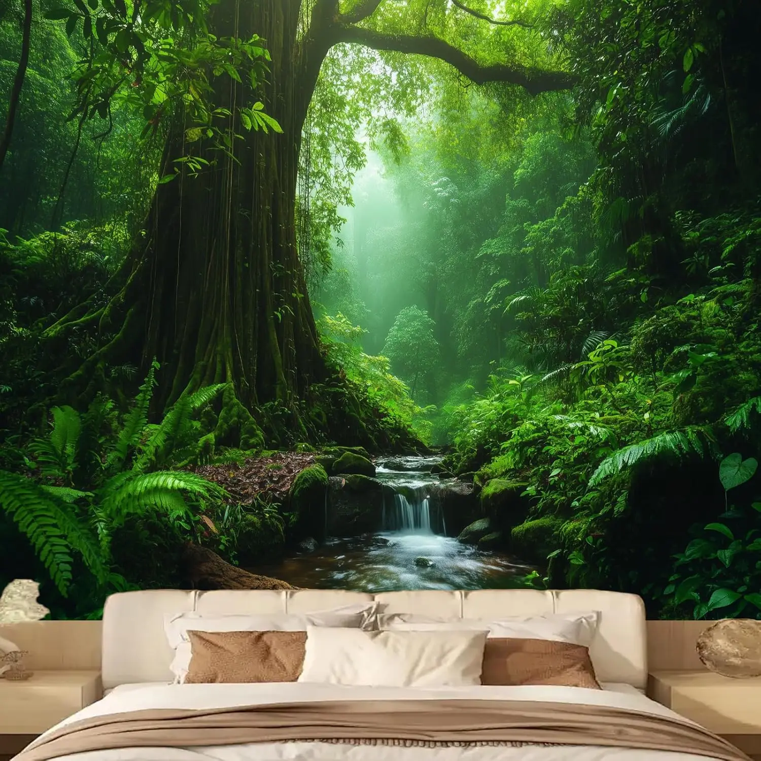 Forest Nature Tapestry Wall Hanging for Bedroom Aesthetic, Fantasy Green Tree of Life Plant Tapestries, Misty Scenic Tree