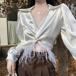 Satin Sexy V-Neck Women's Shirt High-end Design Feather Tassel Fashion Bodycon Short Coat Blouse Solid Color Elegant Party Cloth