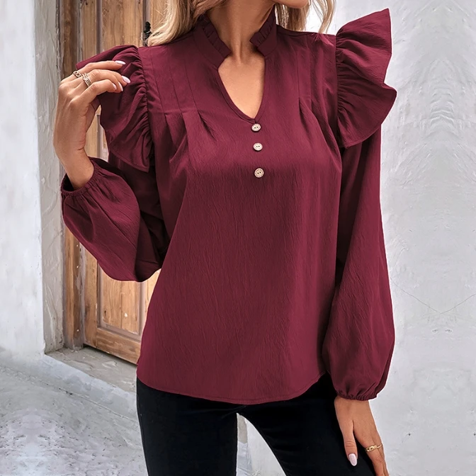 French Women's Ankela Red Ruffle Long Sleeve 2025 New Style Women's Fashion Casual V-Neck Solid Color Design Women's Shirt