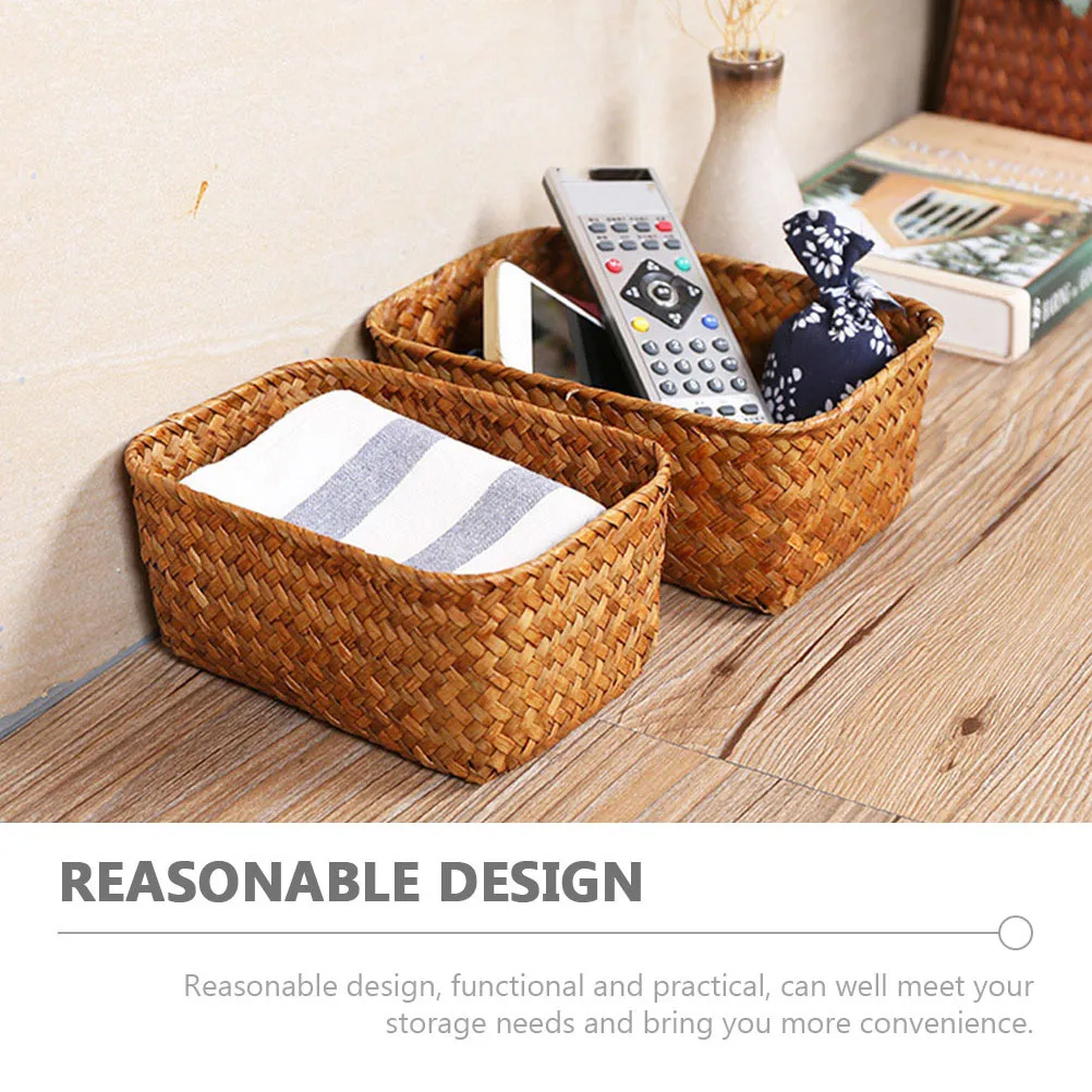 

Handwoven Desktop Storage Basket Seagrass Organizer for Office School Home Cosmetics Books Supplies Storage Woven Box