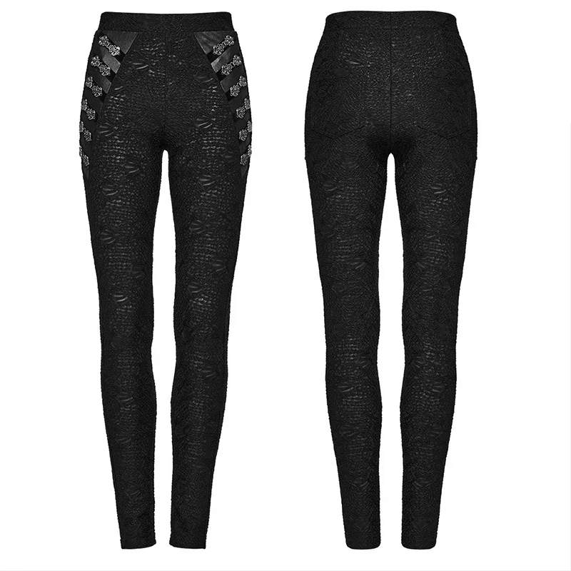 PUNK RAVE Women\'s Gothic Stretch Texture Leggings Engraved Buckle Decoration Slim Sexy Pants Women Clothing