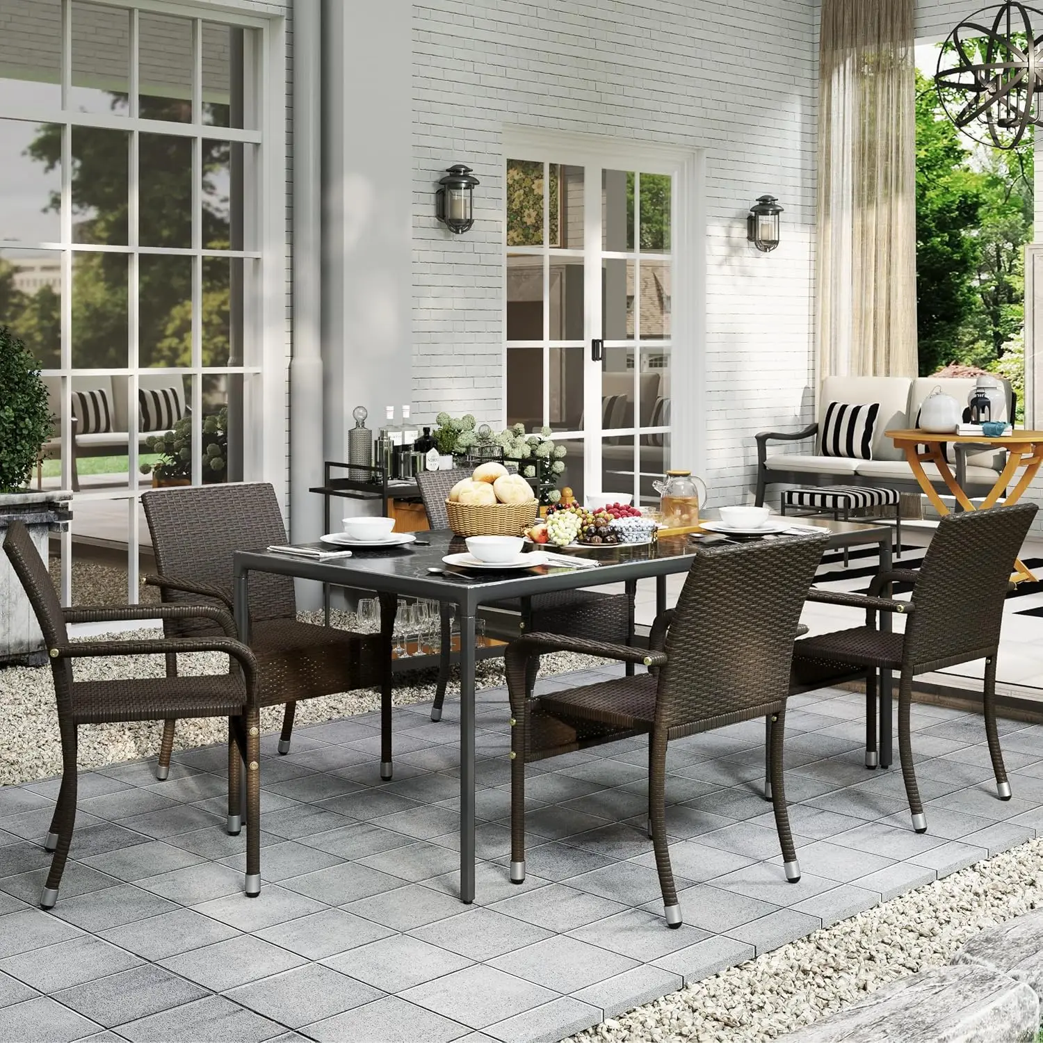 Set of 2 Stackable Outdoor Rattan Dining Chairs, All-Weather Armchair w/Armrests, Steel Frame for Garden, Patio, Deck, Yard, Poolside, Brown