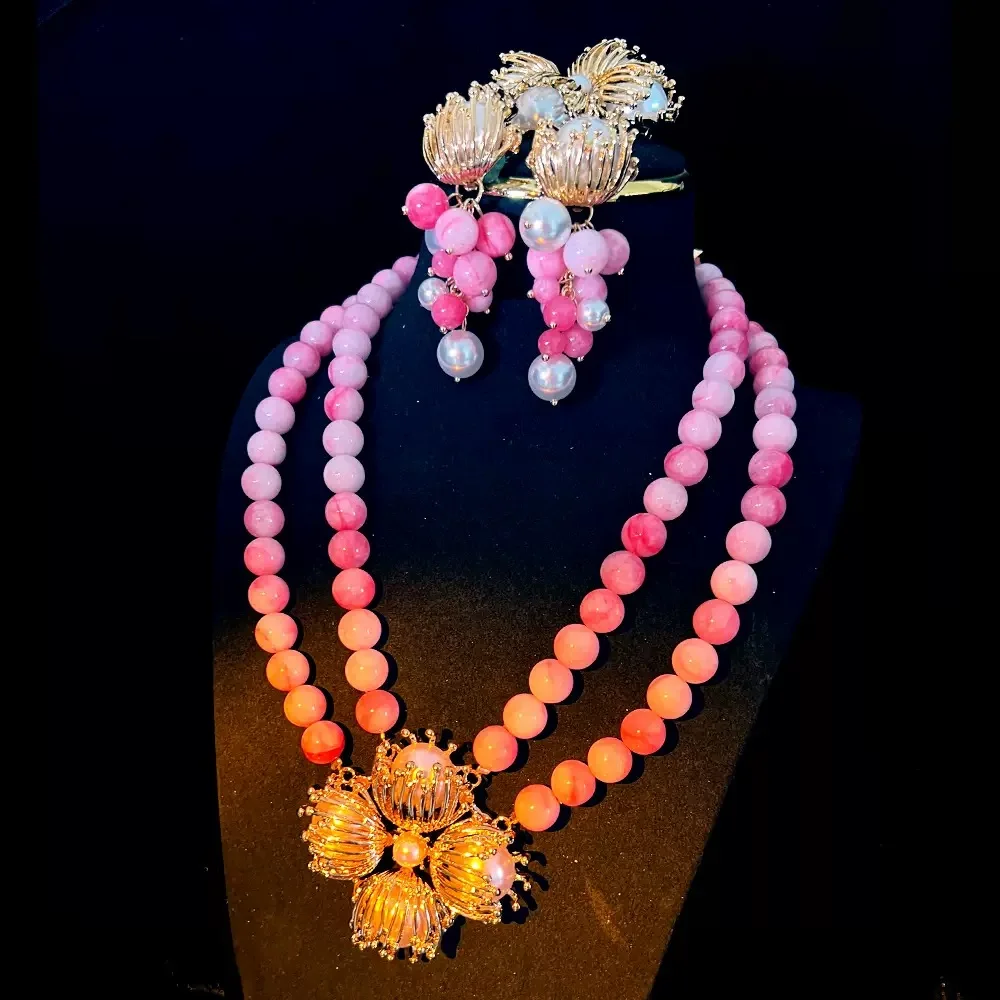 

Persian Chalcedony Peach Pink Double-Layer Necklace Grape Earrings Copper Plated Genuine High-Quality Two-Piece Suit Jewelry