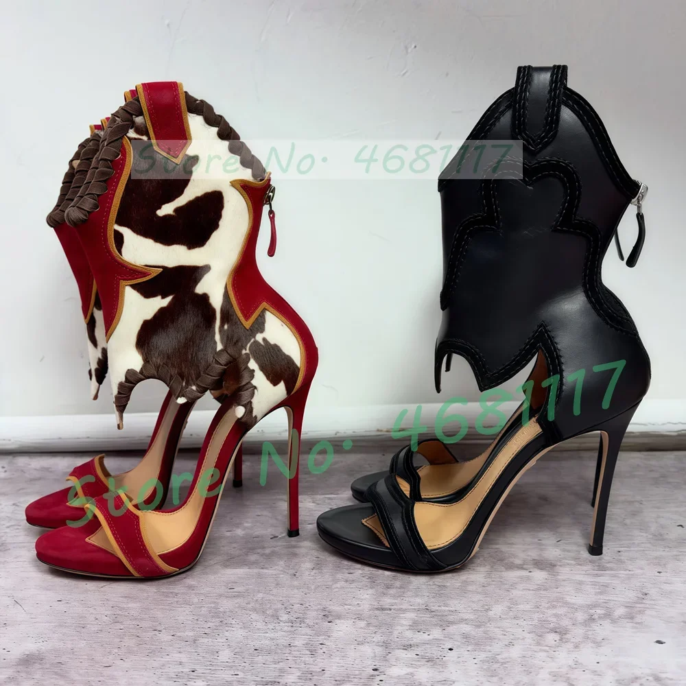 Colorblock Western Open Toe Heels Sandals Women Fashion Leopard Patchwork Ankle Strap Sandals Female Low Platform Suede Shoes
