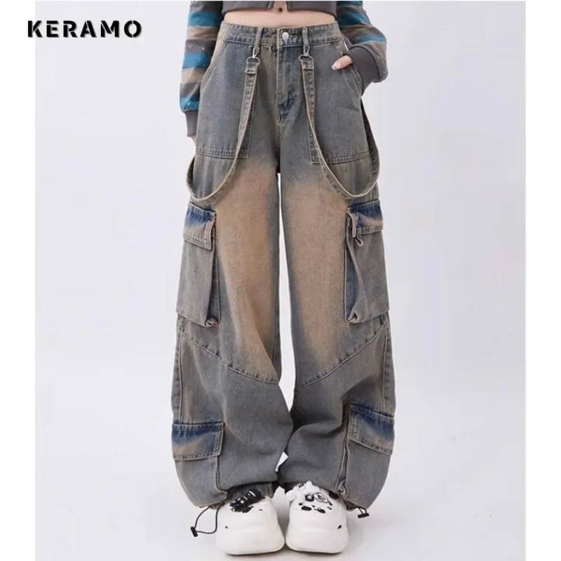 Women Vintage High Waist High Street Style Pockets Straight Jeans Baggy Pants Female Wide Leg Baggy Y2K Grunge Denim Trouser