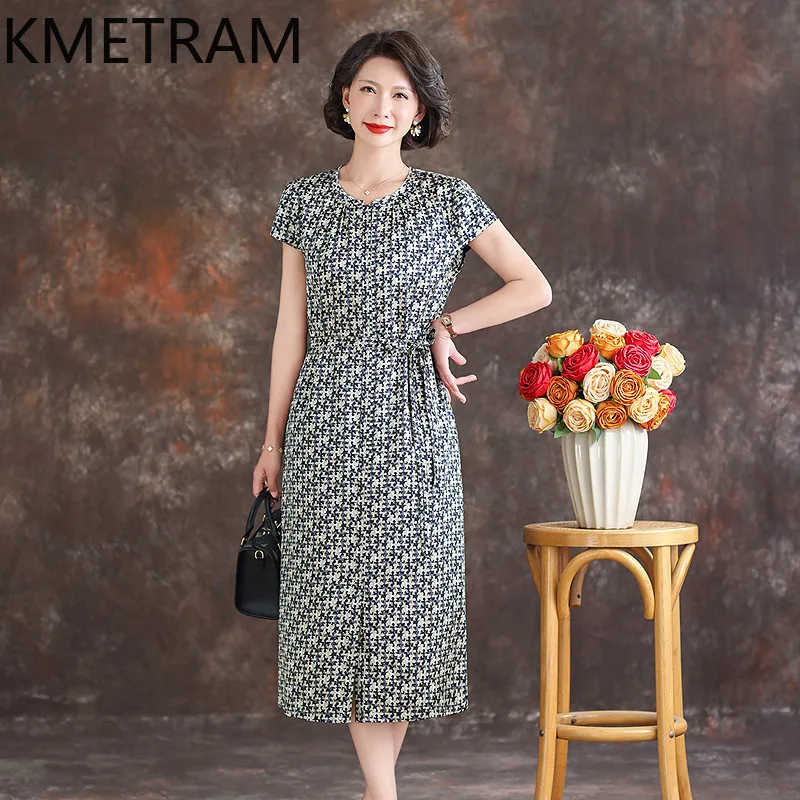 KMETRAM 90% Mulberry Silk Women's Casual Dresses 2026 Summer High-end Commuter-style Fitted Middle-aged Woman Dresses Ropa Mujer