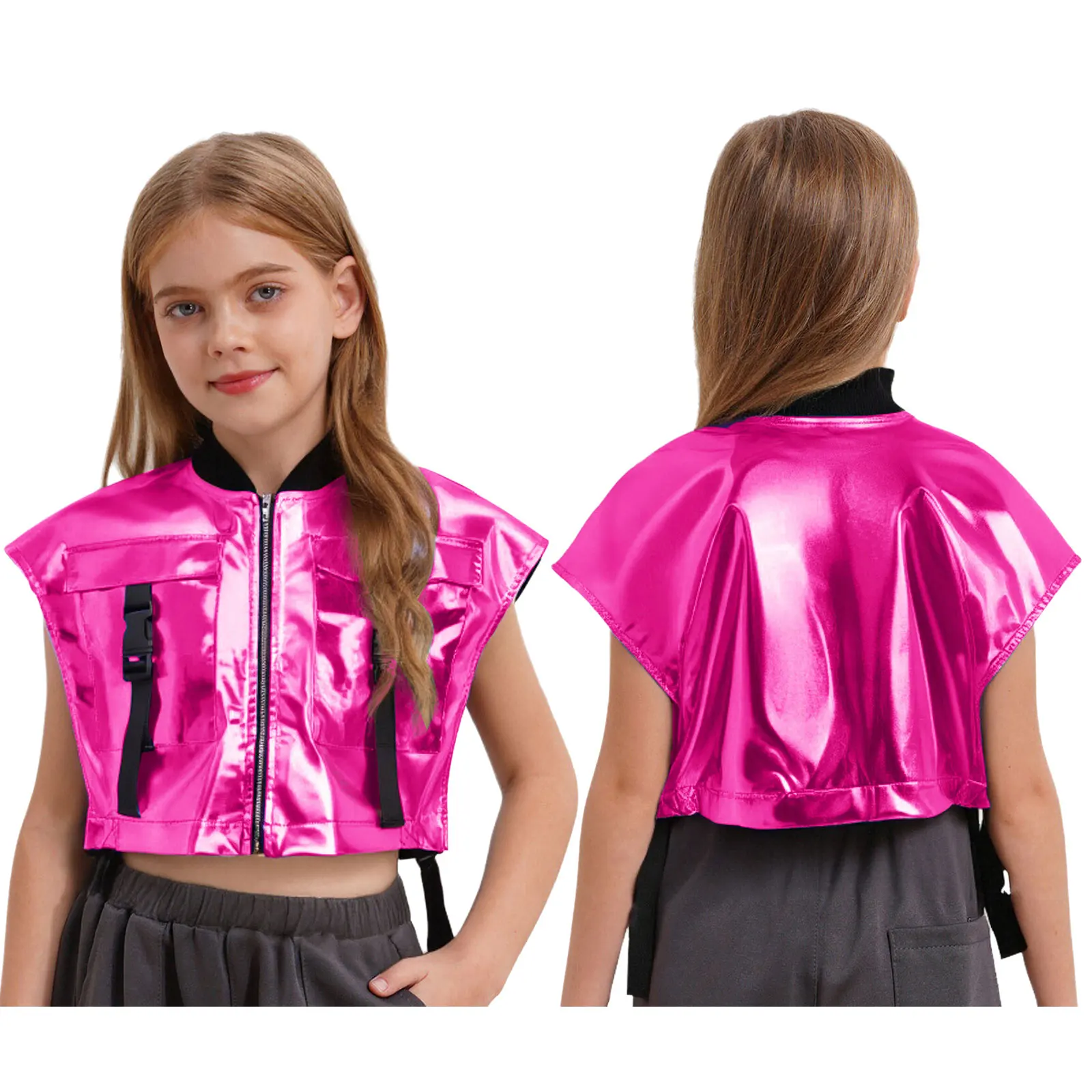 Meisjes metallic glanzend jazz hiphop dansvest jas streetwear mouwloze ritsjas met gespzakken voor toneelvoorstellingen