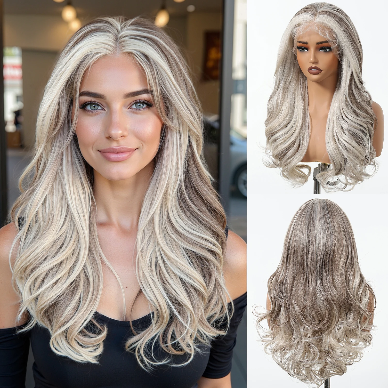 GEMMA Mixed Ash Blonde Brown Lace Synthetic Wigs Long Wavy Lace Front Wigs for Women Daily Use Heat Resistant Fibre Fake Hair