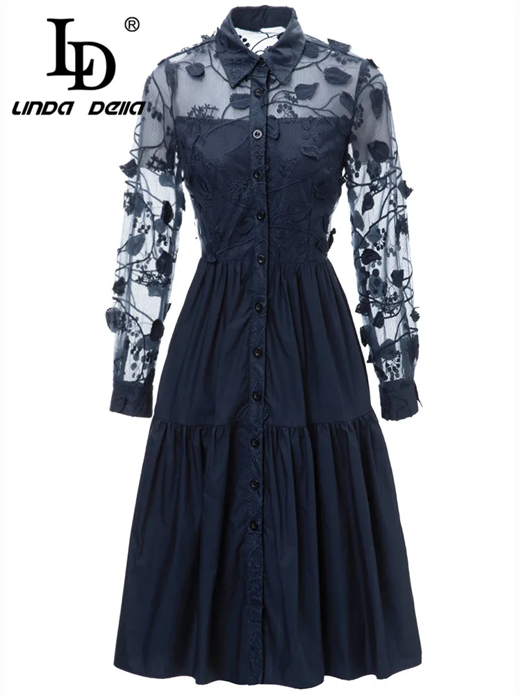 LD LINDA DELLA Summer New Style Runway Vintage Dress Women's Petal sleeve Single-breasted Embossed hollow Splice Draped Dress