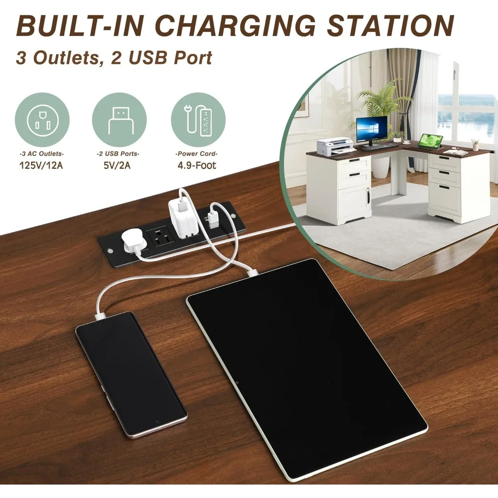 مكتب تنفيذي على شكل حرف L مقاس 60 بوصة من TITIMO مع أدراج، مكتب منزلي للمزرعة مع محطة شحن، مكتب كمبيوتر زاوية خشبية مع