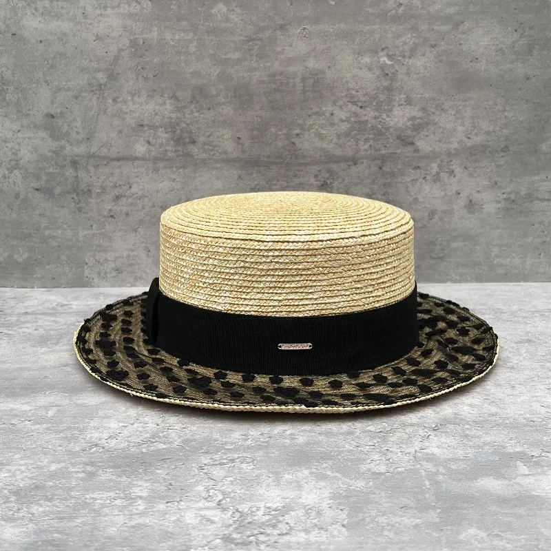 Women's Summer Lace Polka Dot Wheat Straw Woven Flat Top Sun Protection Fedora Vacation Photo Hat