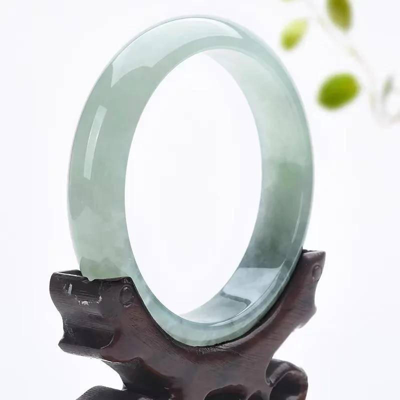 Myanmar Old Mine Bracelet, Light Jade with Green Inclusions, Women's Gift, Single Color Ice Waxy Jadeite Brace view 2