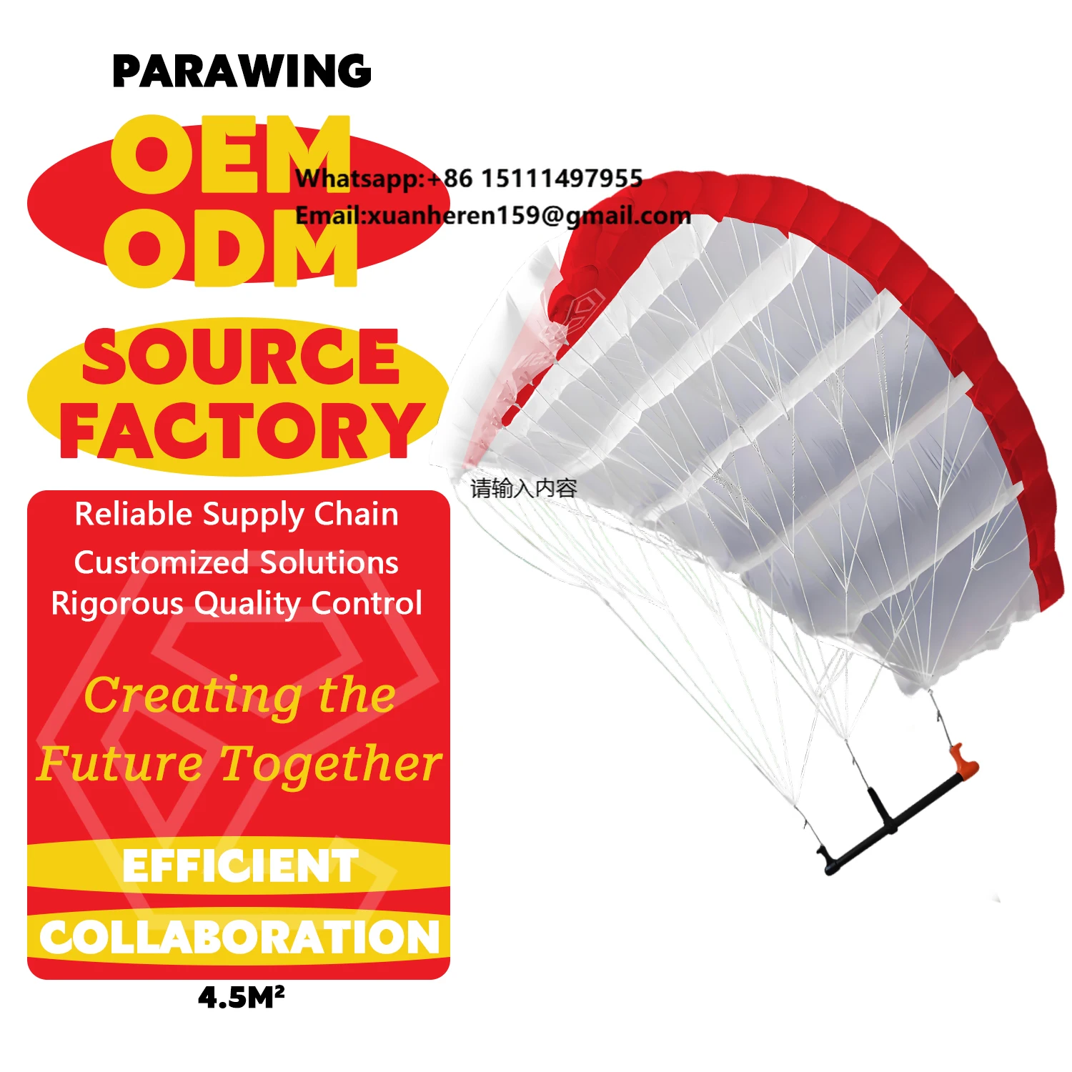 Custom Red 4.5M Parawing Foil Kite Downwind Wing Durable Design High Visibility for Hydrofoil Surfing and Water Sports