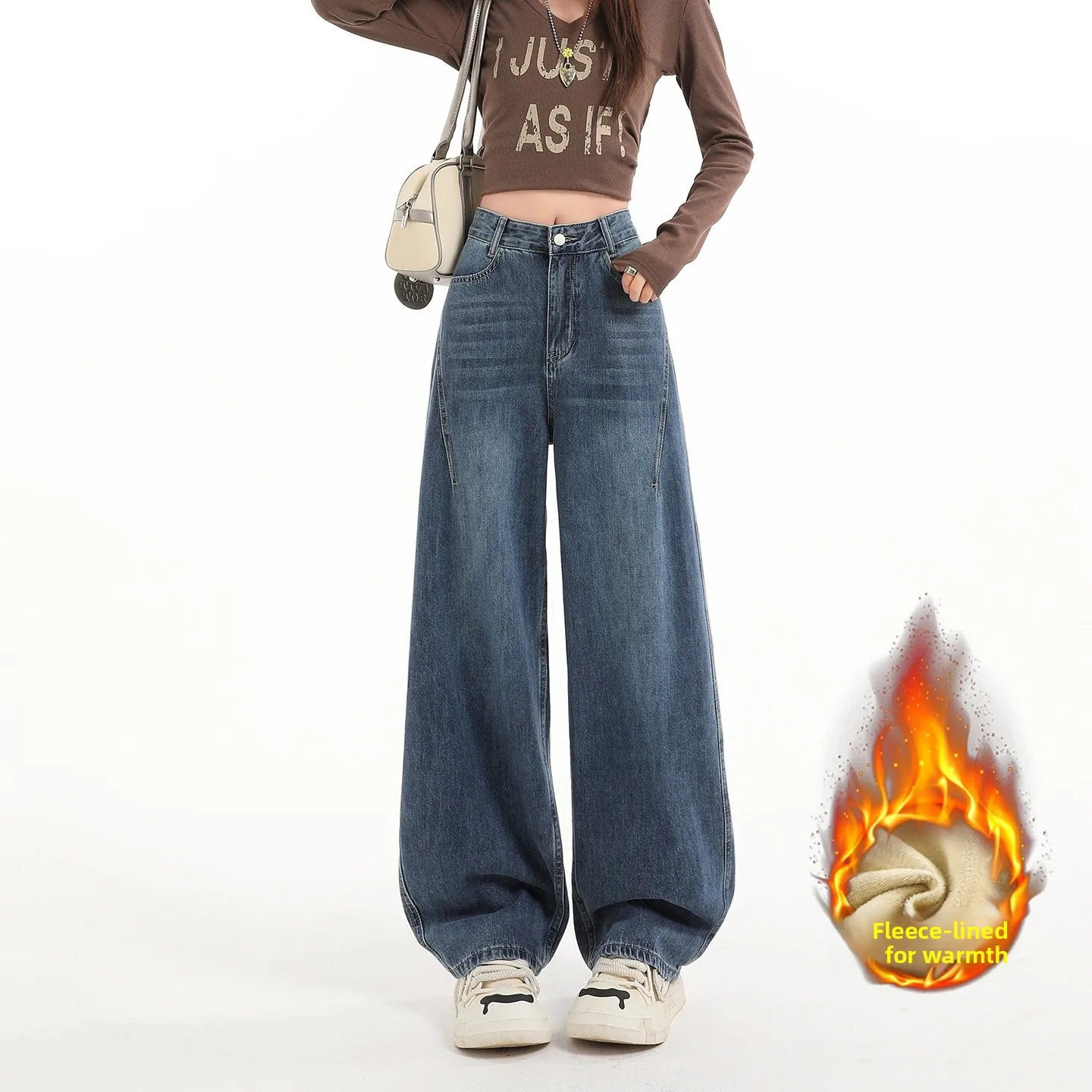 جينز صوف واسع الساق للنساء سراويل كاجوال مخملية فضفاضة للشتاء، مريحة ودافئة، سراويل جينز قطيفة عصرية بجيب Y2K #1