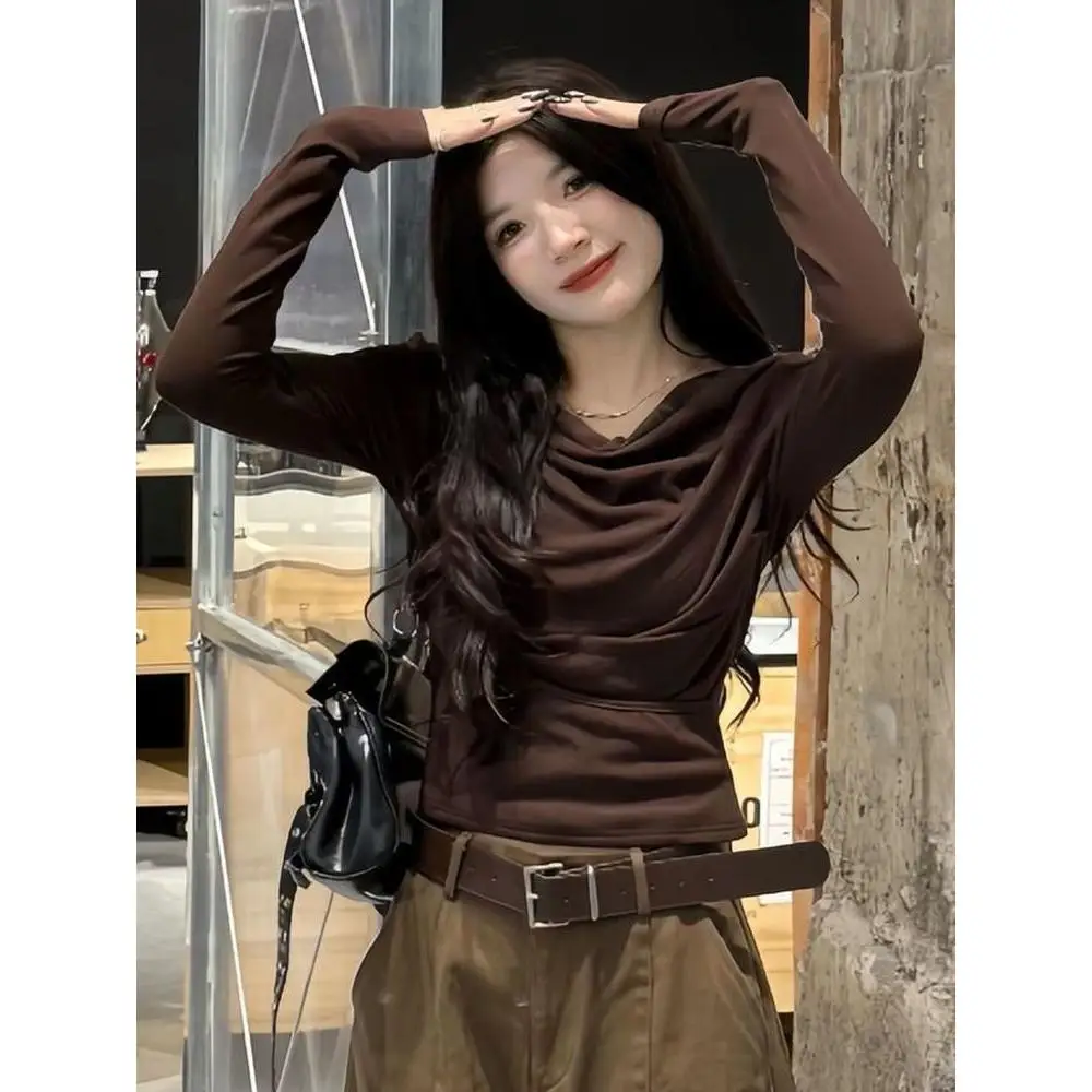 Ce Brown Long Sve Slim Fit T-irt Women's Early Autumn Base Layer irt plus Size Casual Sle Polyester Fabric