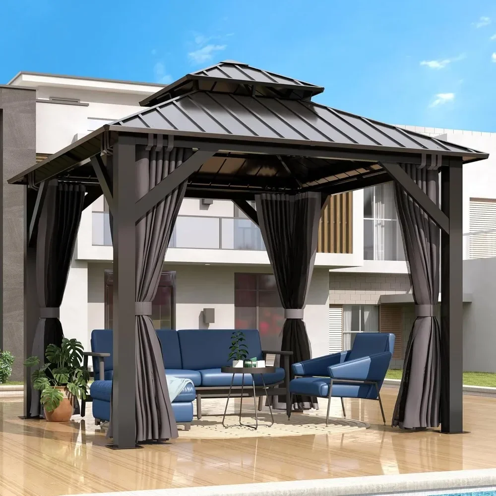 8.5x8.5FT Outdoor Hardtop Gazebo with Double Roof-Heavy-Duty Galvanized Steel Top Gazebo with Breathable Netting&Privacy Curtain