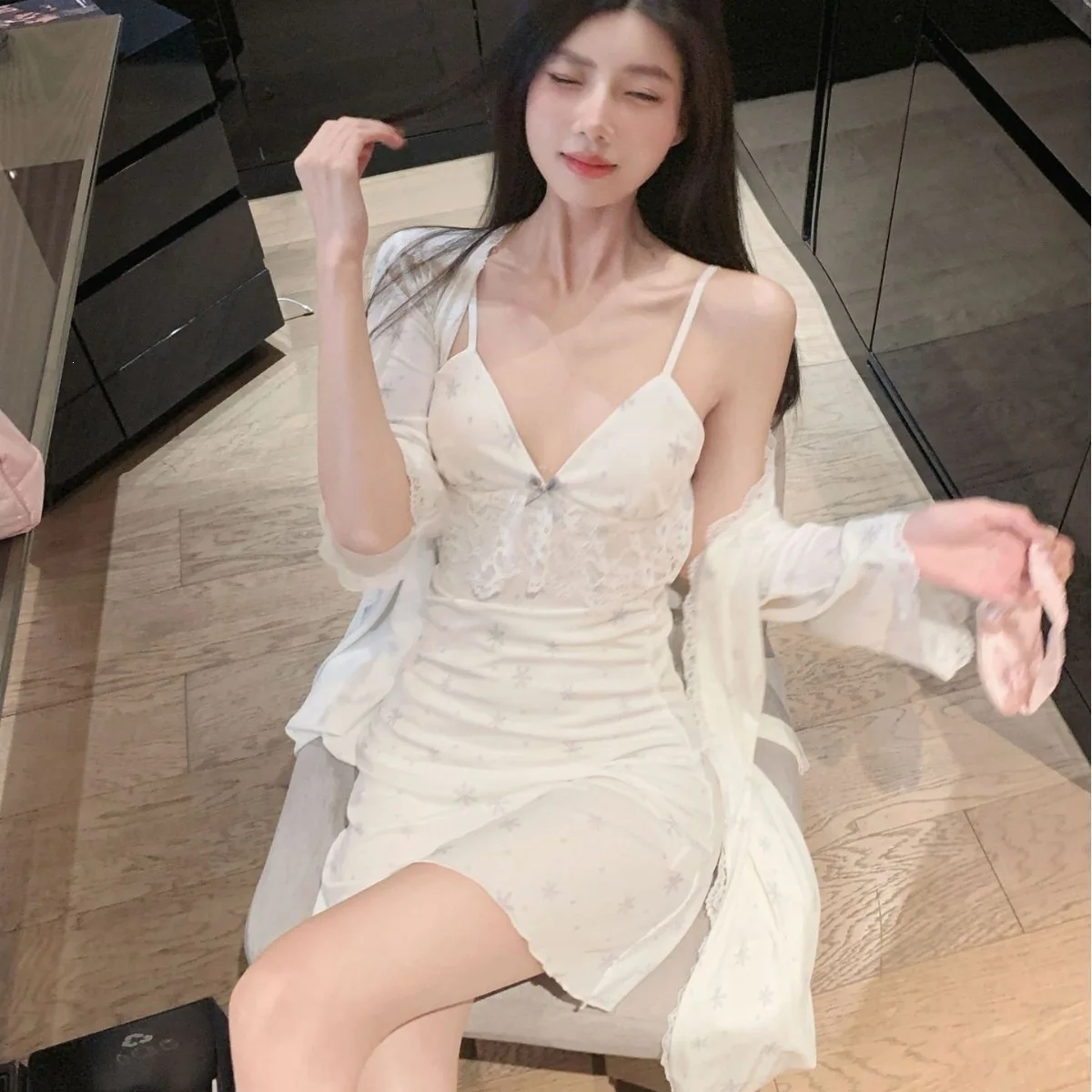 

Twinset Robe Set V-Neck Lace Bathrobe Gown Lingerie Women Summer Kimono Sleepwear Nightdress Suit Satin Home Dress Loungewear
