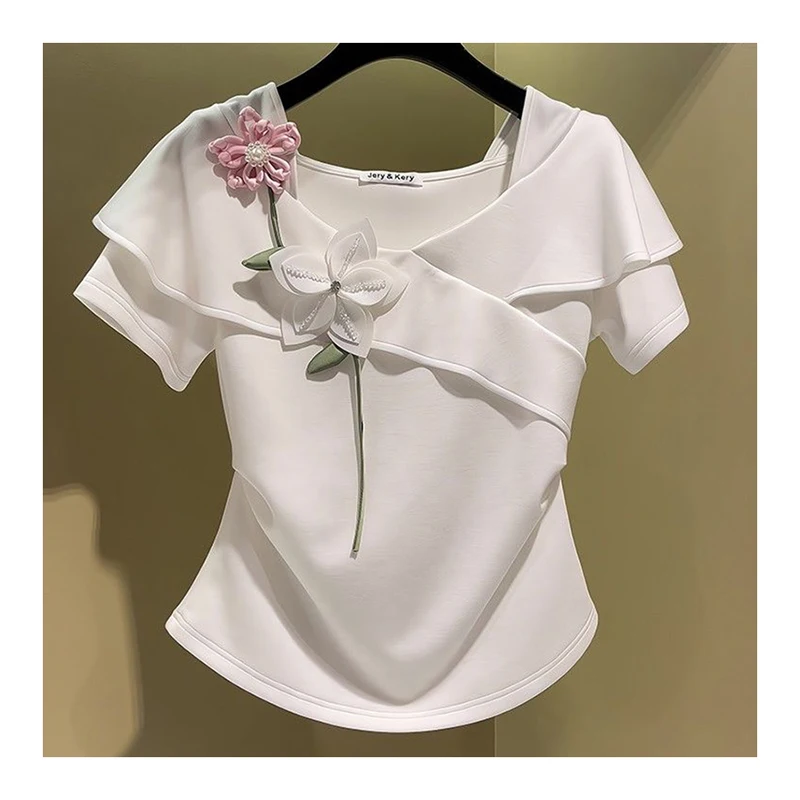 Square neck three-dimensional flower split waist short sleeved T-shirt for women 2024 summer new top