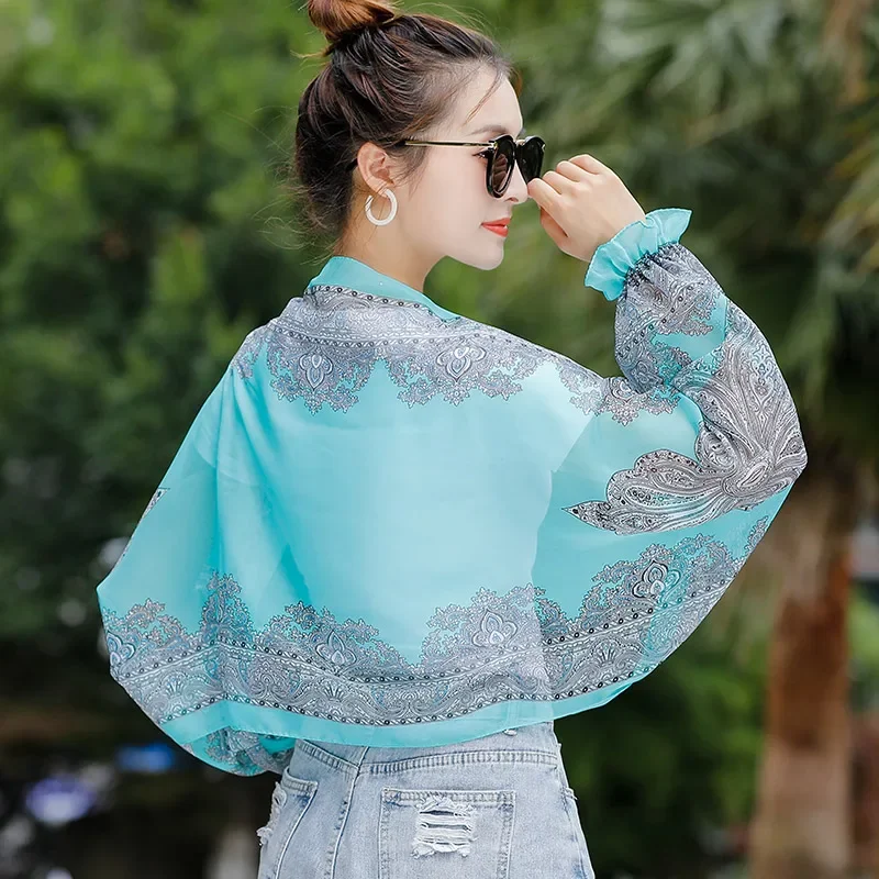 

Spring Summer Chiffon Sunscreen Fake Collar Clothing Shawl Outdoor Riding Cashew Printing Sun Protection Sleeves Silk Scarf Wrap