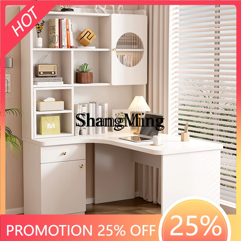 

FG Solid Wood Corner with Bookshelf Integrated Desk with Bookcase Cream Style Writing Desk Home Study