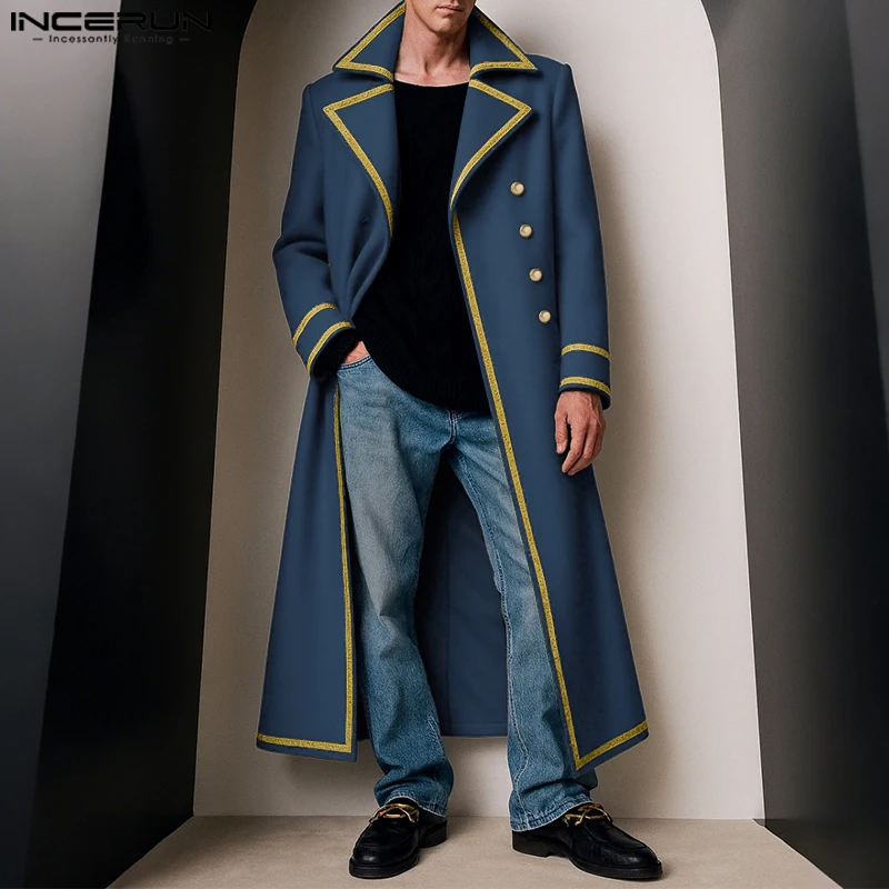 

INCERUN Men Coats Patchwork Faux Wool Blends Lapel Long Sleeve Male Overcoats Streetwear 2025 Double Breasted Long Style Coats
