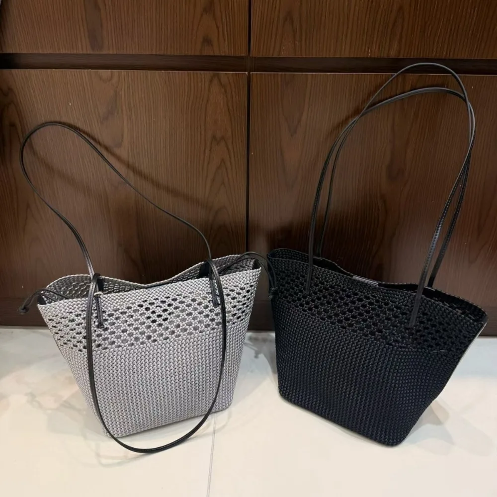 Silky Nylon Woven Hobo Bucket Bag Genuine Leather Shoulder Underarm Tote Bag Elegant Fresh Style Daily Handbag
