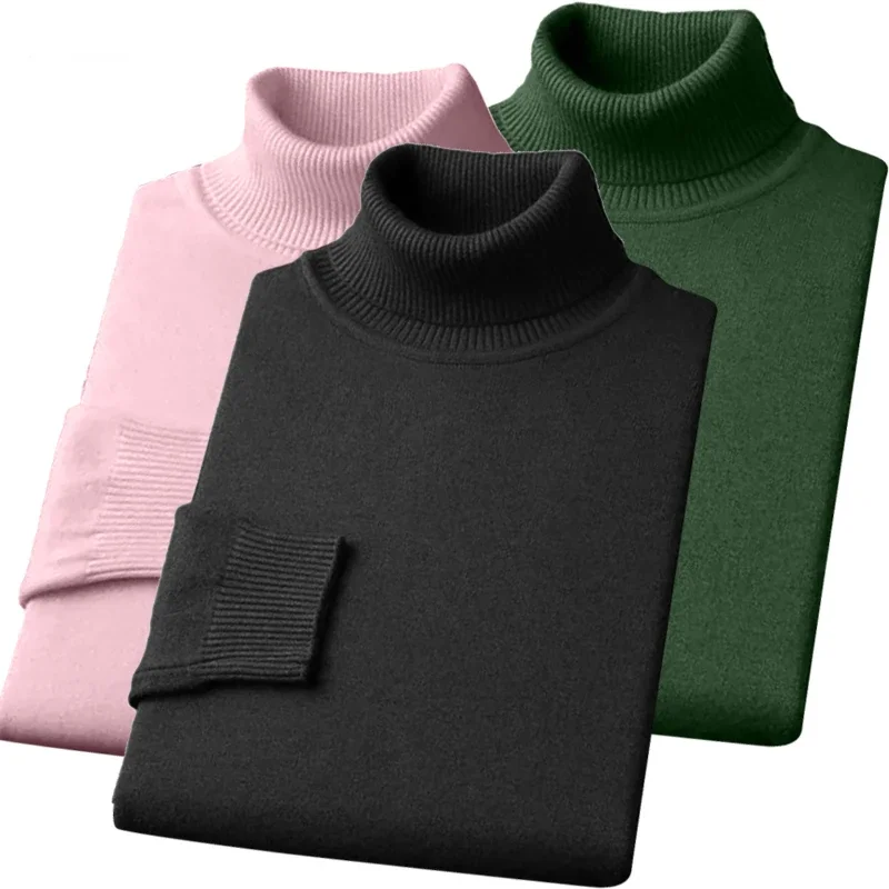 Autumn Winter Mens Knitted Turtleneck Sweater High Quality Long Sleeve Warm Pullover Solid Color Slim Fit Outdoor Sweaters