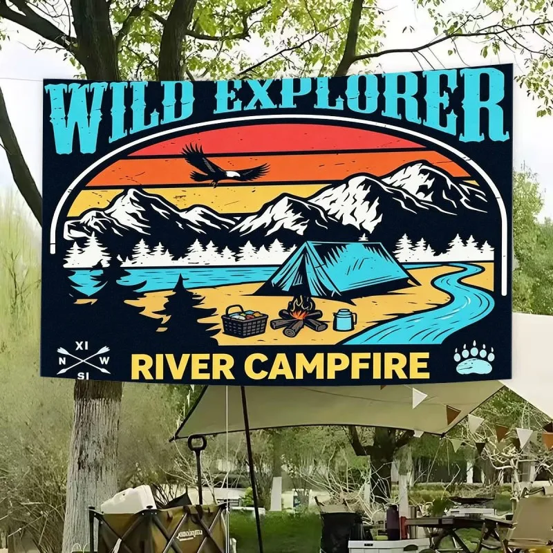 VIKAMA Wild Explorer River Campfire Tapestry Vintage Mountain Camping Graphic Wall Hanging Outdoor Decor