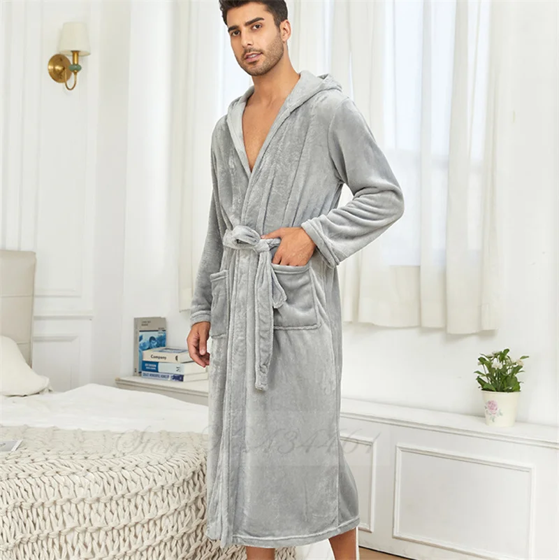 Winter Thicken Flannel Men\'s Long Robe Hooded Kimono Bathrobe Gown Warm Coral Fleece Sleepwear Lounge Wear Loose Home Clothes