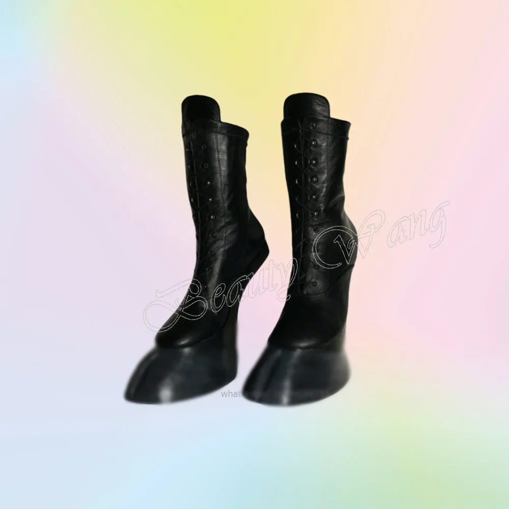 Strange Toe Paardenprof Laarzen Kruisgebonden Geen Hak Platform Vreemde Stijl Zwarte Hoge Hak Schoenen voor Vrouwen 2024 Zapatillas Mujer