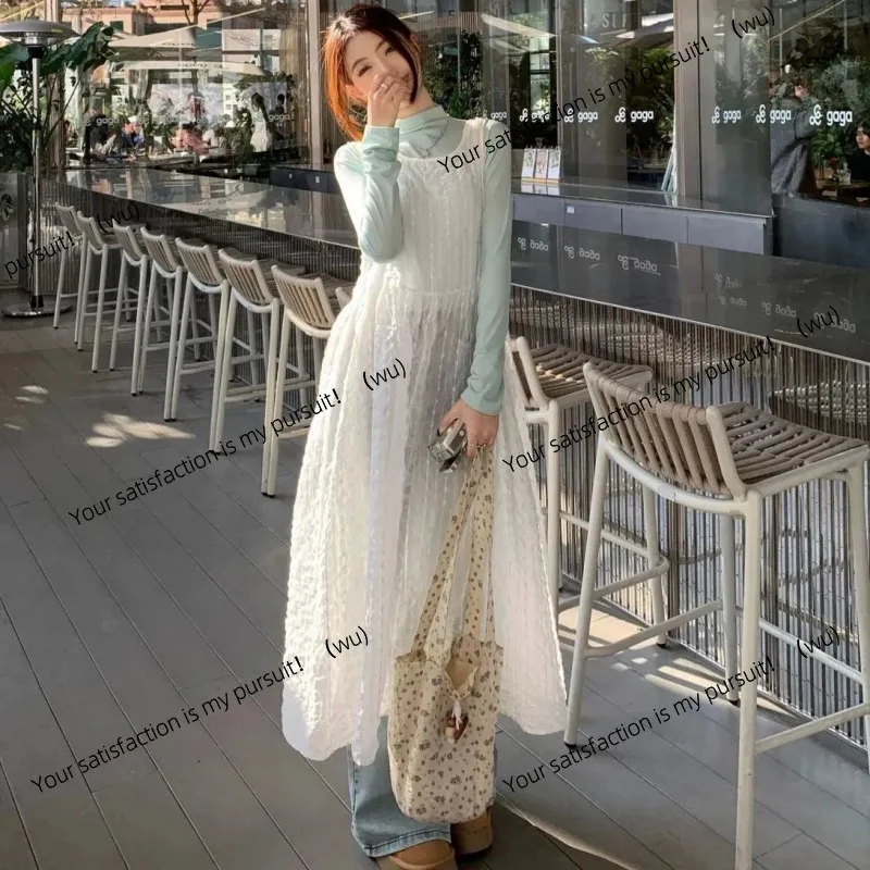 Renda branca ligeiramente transparente arco cinta vestido feminino início da primavera férias à beira-mar vento suspender saia solta saia longa