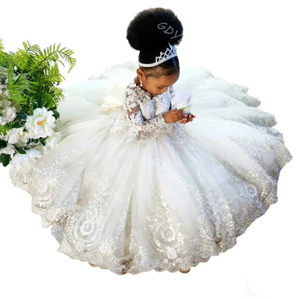 White Flower Girl Dress for Wedding Toddlers Long Sleeves Lace Tulle First Communion Dress African Custom Birthday Party Gown