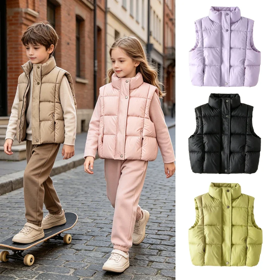 Kids Padded Puffer Vest Stand Collar Snap Button Thickened Warm Gilet with Big Pockets School Boys Girls Winter Outerwear 3-11Y
