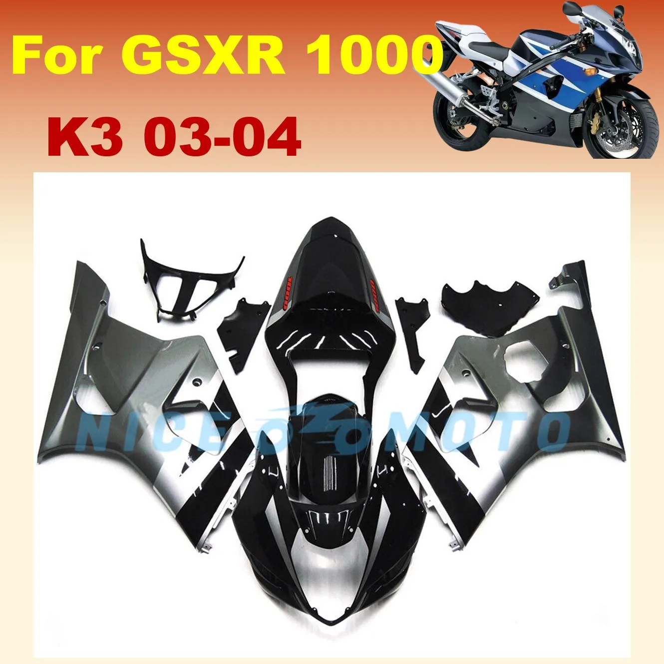 100% Fit fairings kit for SUZUKI GSXR1000 2003 2004 K3 GSXR 1000 03 04 GSX-R1000 motorcycle full fairing silvery black kit