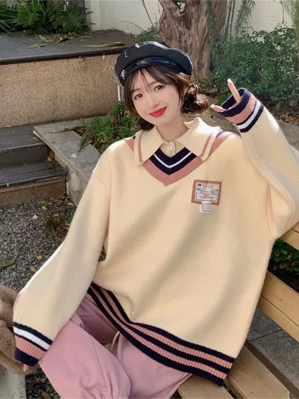 

Loose Thiened Soft Sweater Fake Two-Piece Sle Autumn Winter Ne Long Sve Regular Fit Commute Sle Women's Knitwear