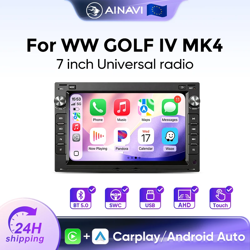 AINAVI MP5 Kabelloses Carplay Auto-Multimedia-System SWC FM für VW Golf 4 Jetta MK4 Passat B5 Multivan T5 Polo 4 Seat Leon Skoda EOS Kabelloses Android Auto IPS HD Auto-Touchscreen Autoradio