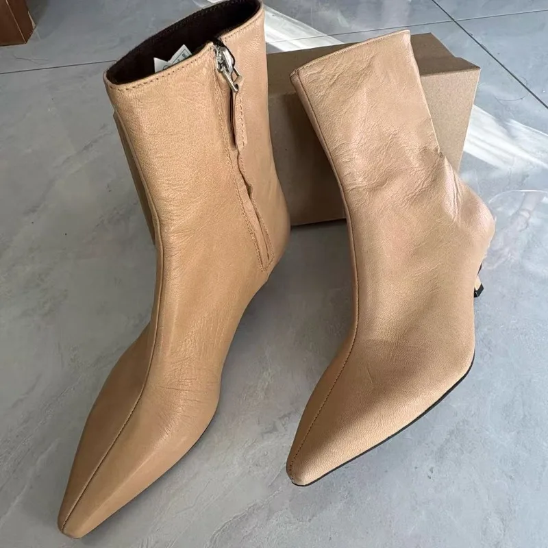 

2025 Pointed Toe Women Ankle Boots Mid Heels Versatile Western Cowboy Style Side Zippers Concise Soft Leather Lady Shoes