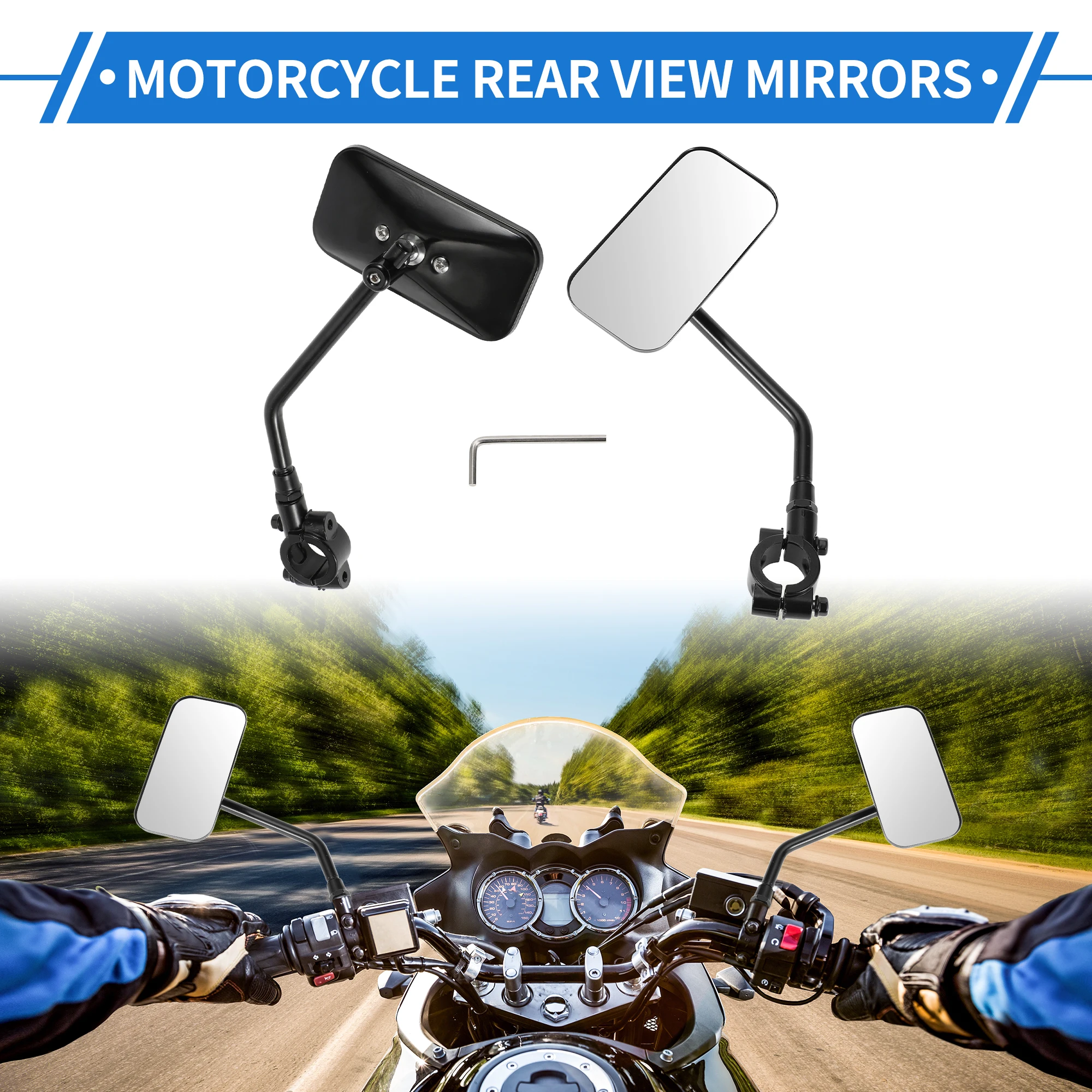 Motoforti M10 Motorcycle Rear View Mirrors Square Shape Handlebar Mirrors Black 1 Set