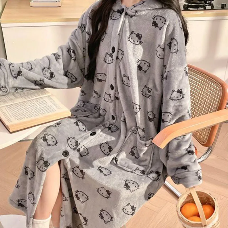 Anime Sanrios Robes Kawaii Hello Kittys Women Autumn Winter Flannel Hooded Pajamas Warm Cartoon Home Clothes Oversize Night-Robe