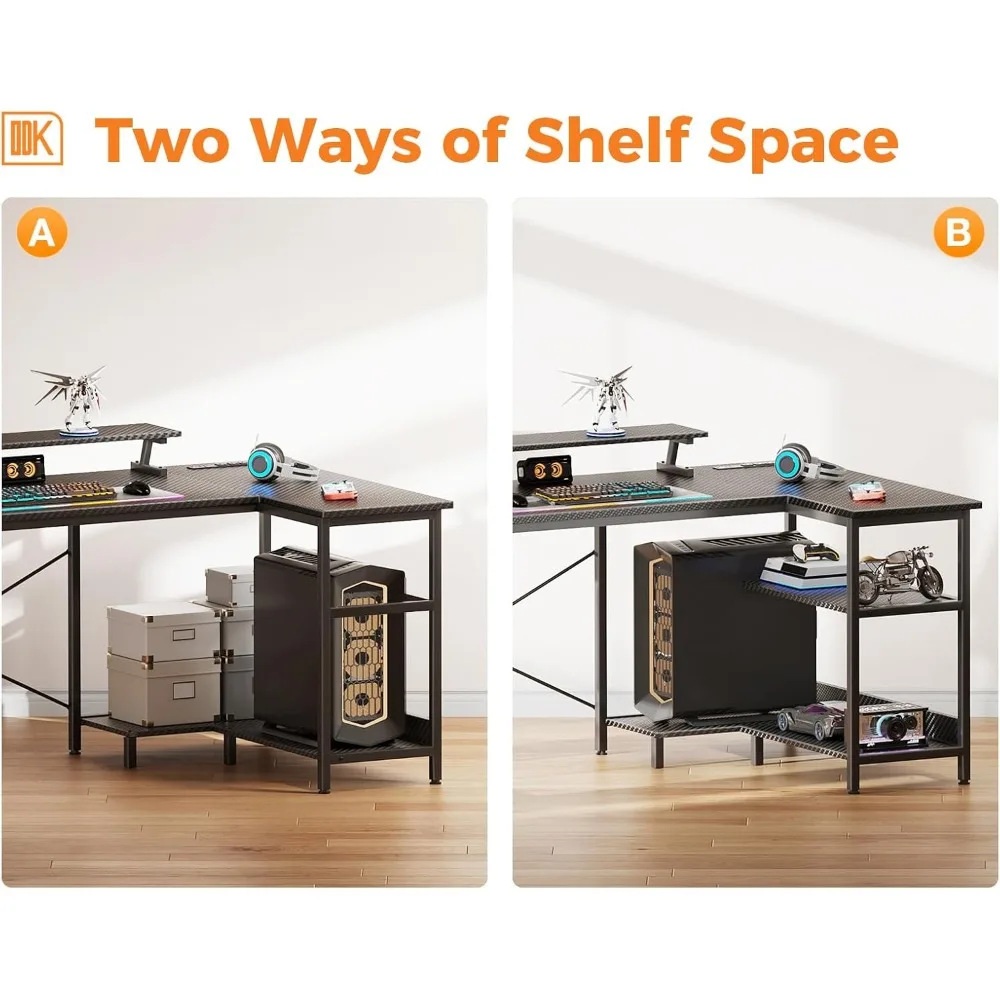 48 Inch Gaming Desk with USB Charging Ports and LED Lights, Reversible L Shaped Computer Desk with Storage Shelves