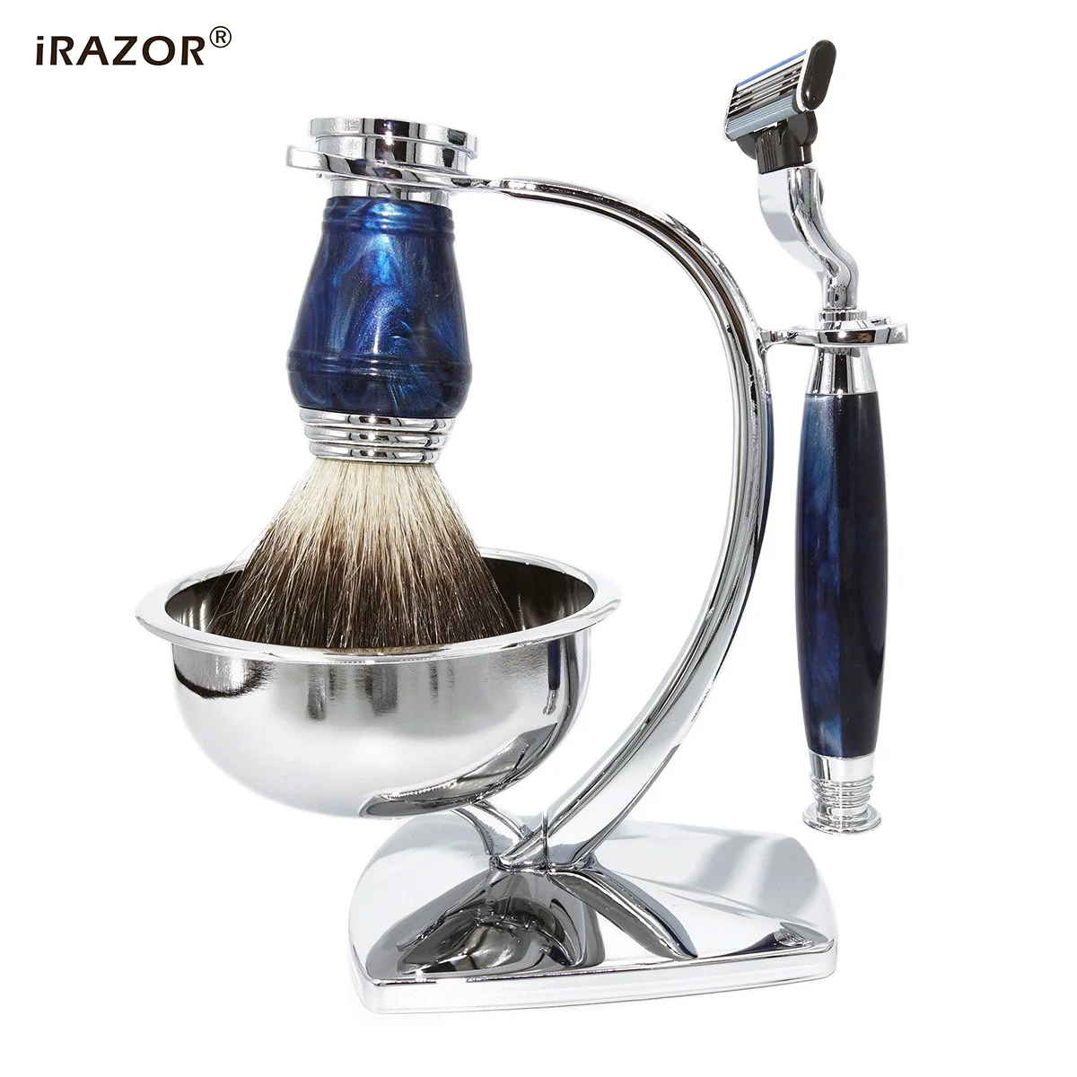 

IRAZORDeluxe Men's Shaving Kit, Triple Blade Mach 3 Razor, Honey Soft Badger Hair, Royalblue Handles, Birthday Gift for Him, New