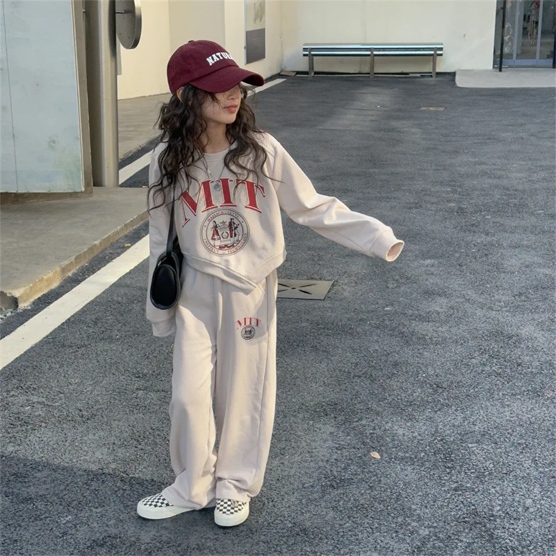 Two-Piece Set of Girls Casual Sweater Spring New Middle and Large Children Sports Loose Show Leg Long Sports and Leisure Suit
