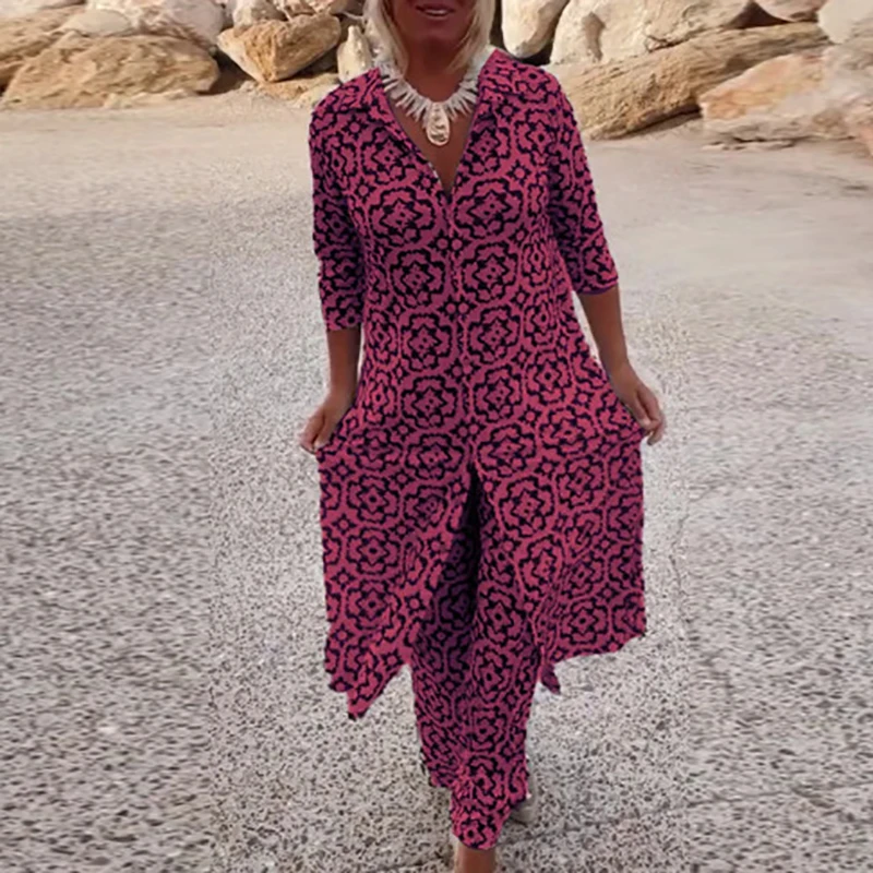 لطيفة الربيع الصيف رقيقة فضفاضة قطعتين مجموعة عارضة نمط مطبوعة البوهيمي الزي سيدة التلبيب نصف كم قميص مع السراويل الطويلة