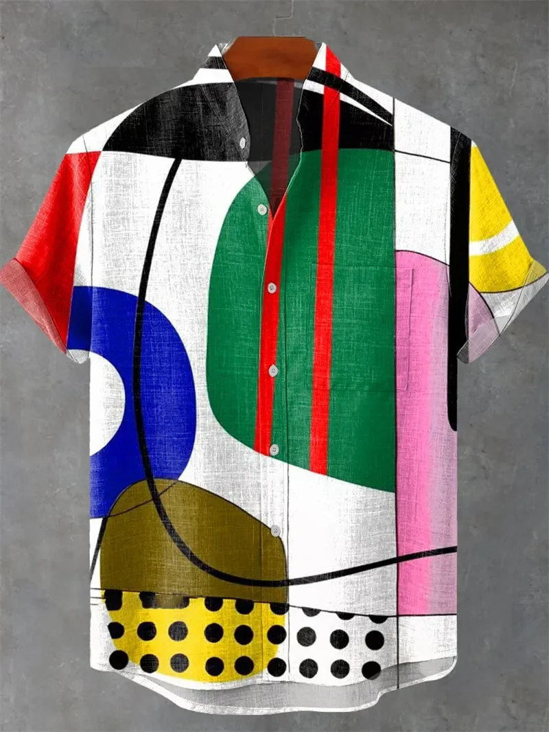 Men's Simple Retro Ethnic Personality Pattern 3D Printed Shirt Short-sleeved Lapel Light and Breathable Business Casual Party